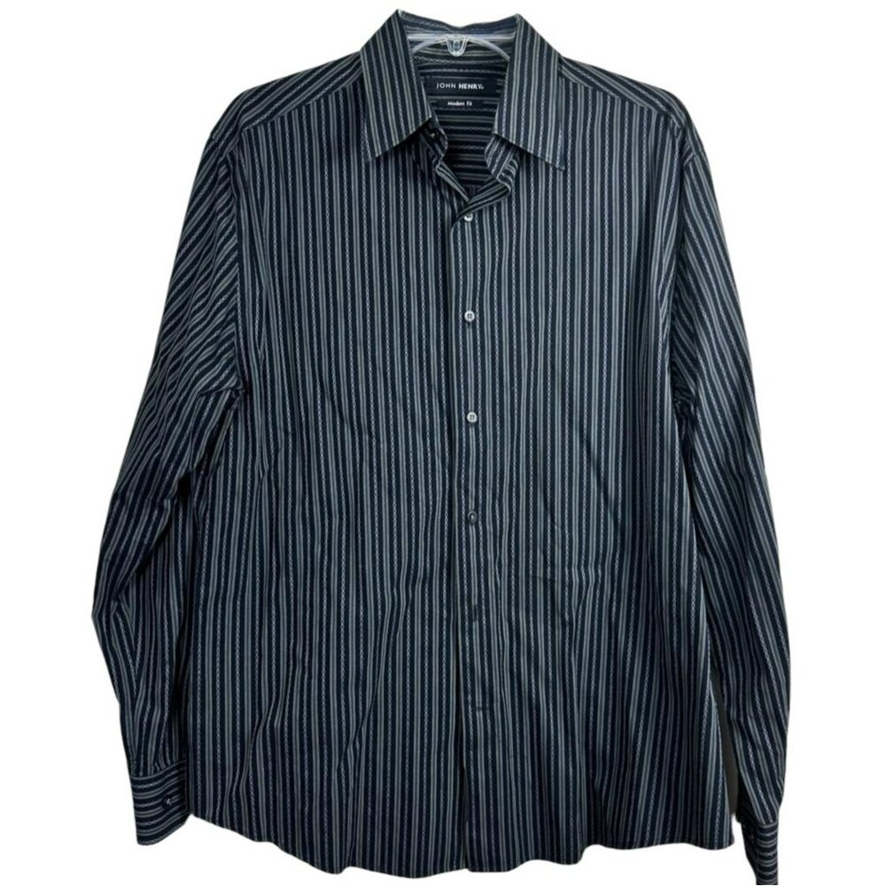 John Henry Dress Shirt‎ Cotton Long Sleeve Mens Striped Black White Size Large